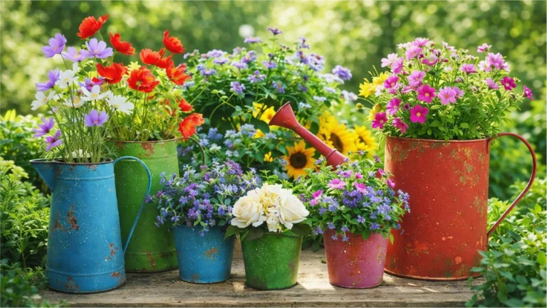 Macetas y regaderas metálicas de colores con flores naturales sobre una mesa de madera en un jardín luminoso.