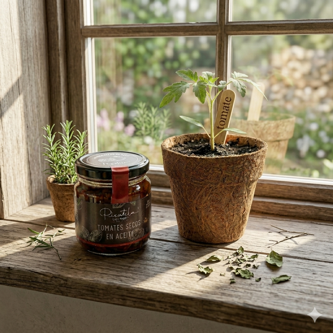 kit sembrando sabor de tomates secos en una repisa de madera